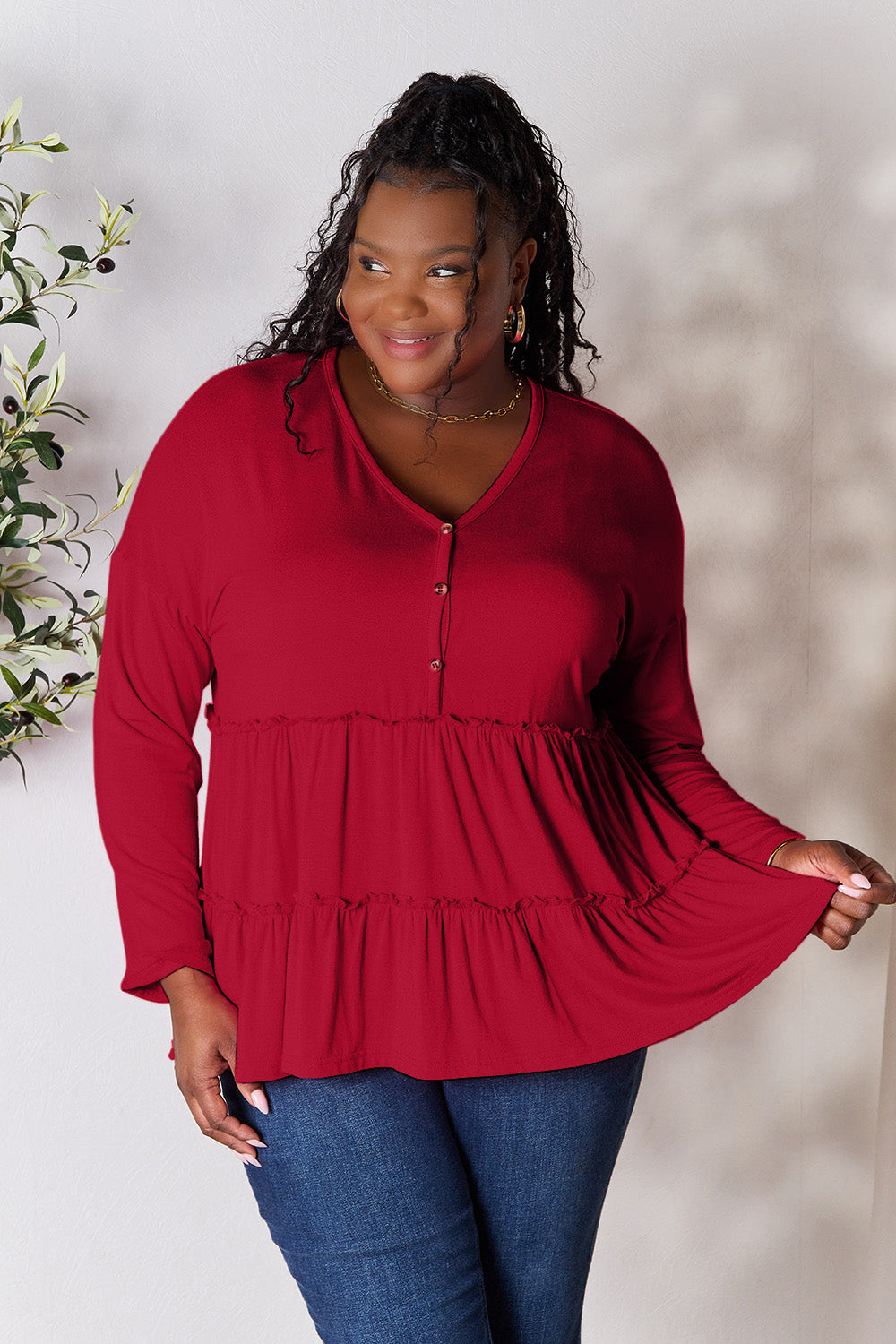 DoorBuster Double Take Half Button Long Sleeve Ruffle Hem Blouse