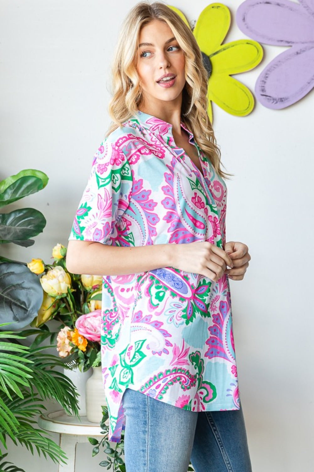 Heimish Split Collar Paisley Short Sleeve Top