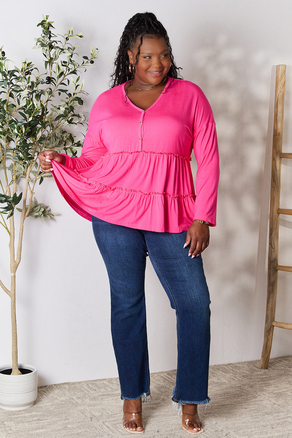 DoorBuster Double Take Half Button Long Sleeve Ruffle Hem Blouse
