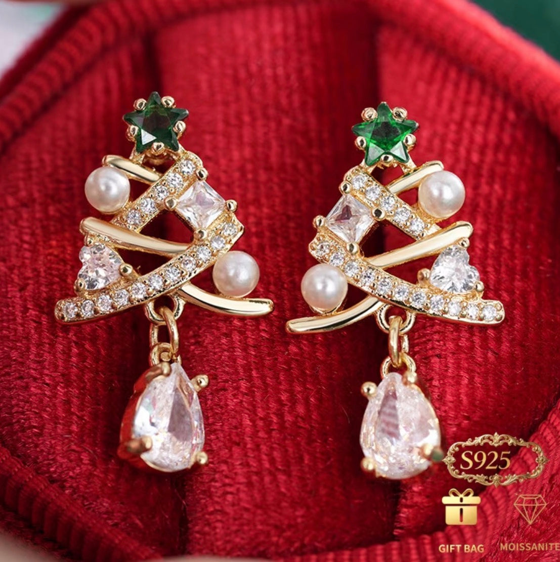 925 Silver Moisanite Christmas tree Earrings