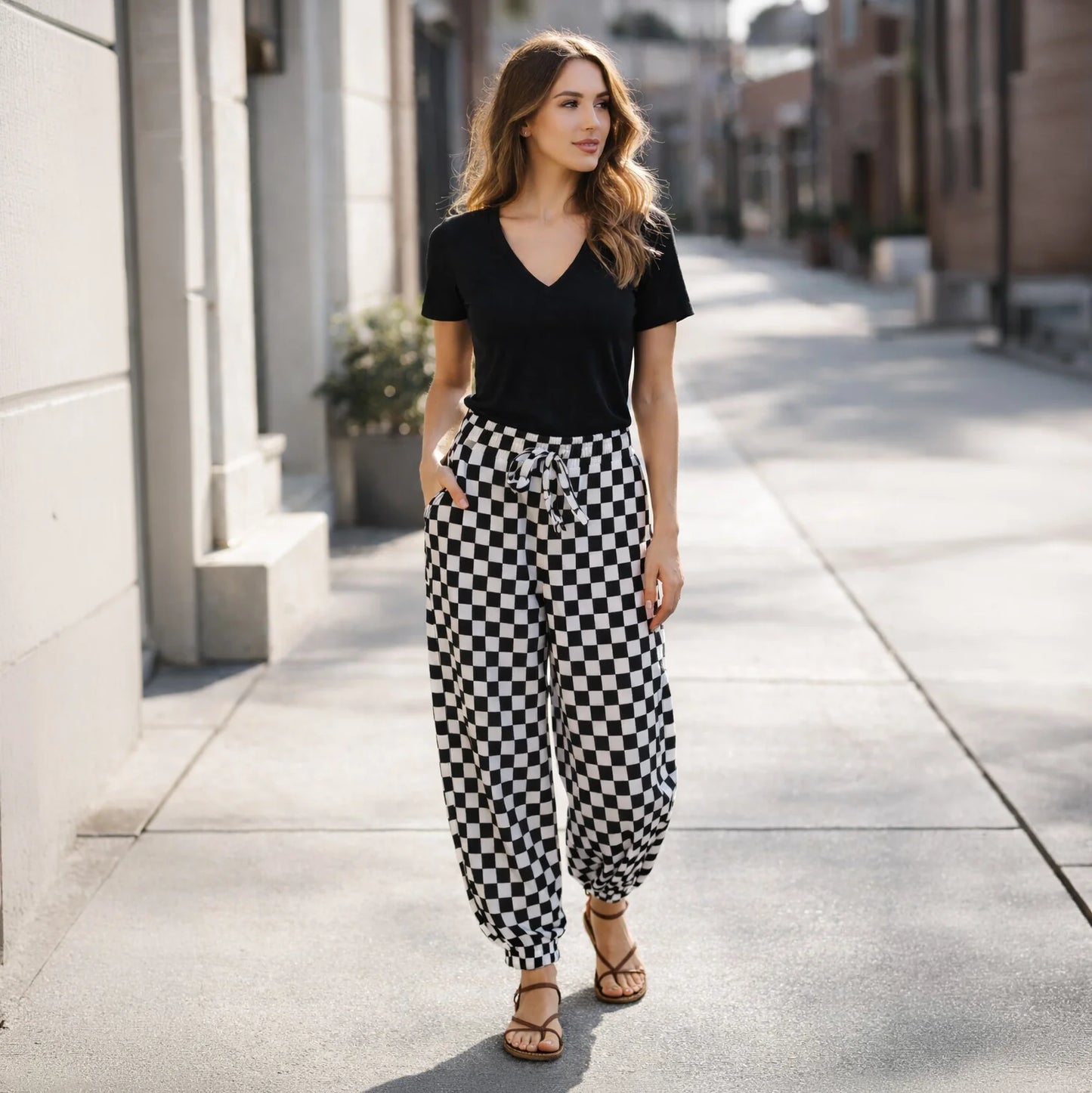 Black & White Checkered Balloon Jogger Pants with Pockets