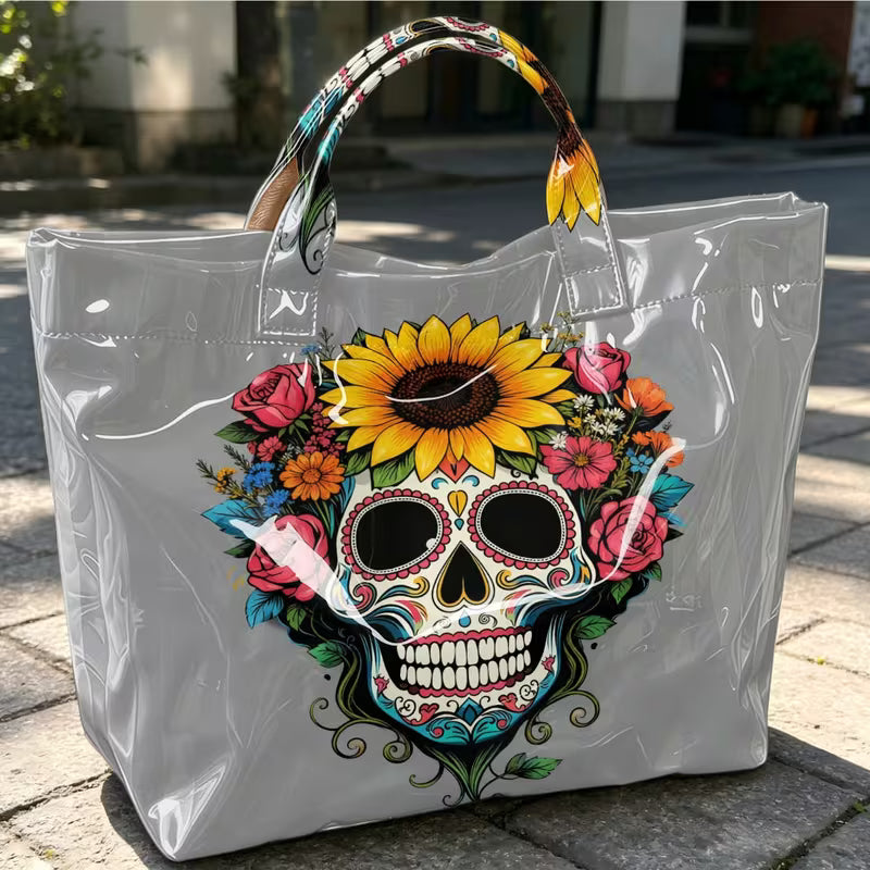 Glossy PVC Sunflower Skull Tote Bag