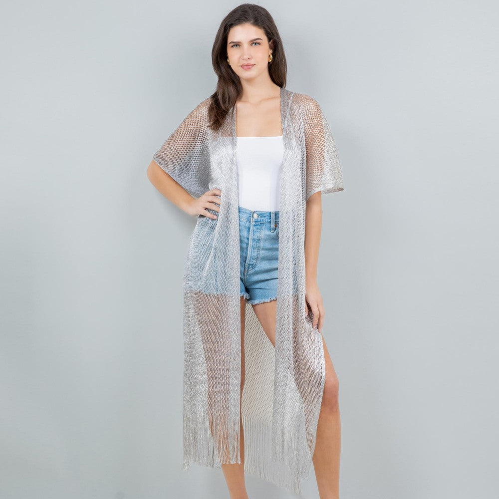 Long Fish Net & Tinsel Kimono With Fringed Bottom