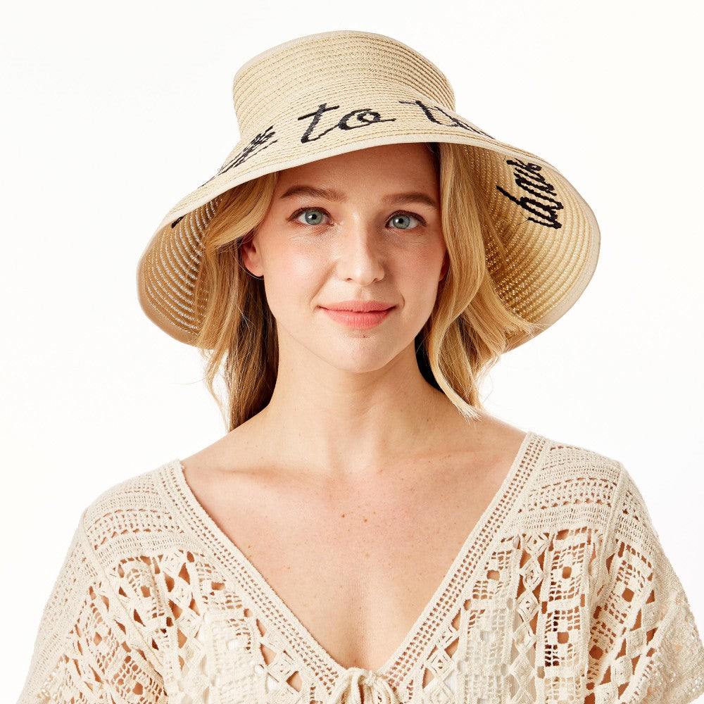 "Talk to the Sand" Straw Roll Up Sun Visor Featuring Bow On Back