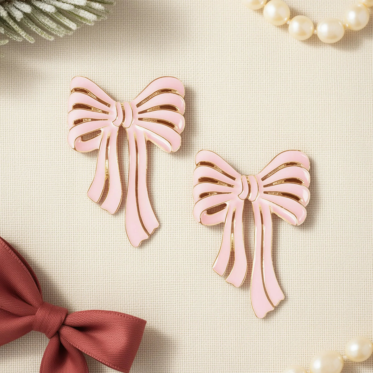 Christmas Bow Earrings - Pink