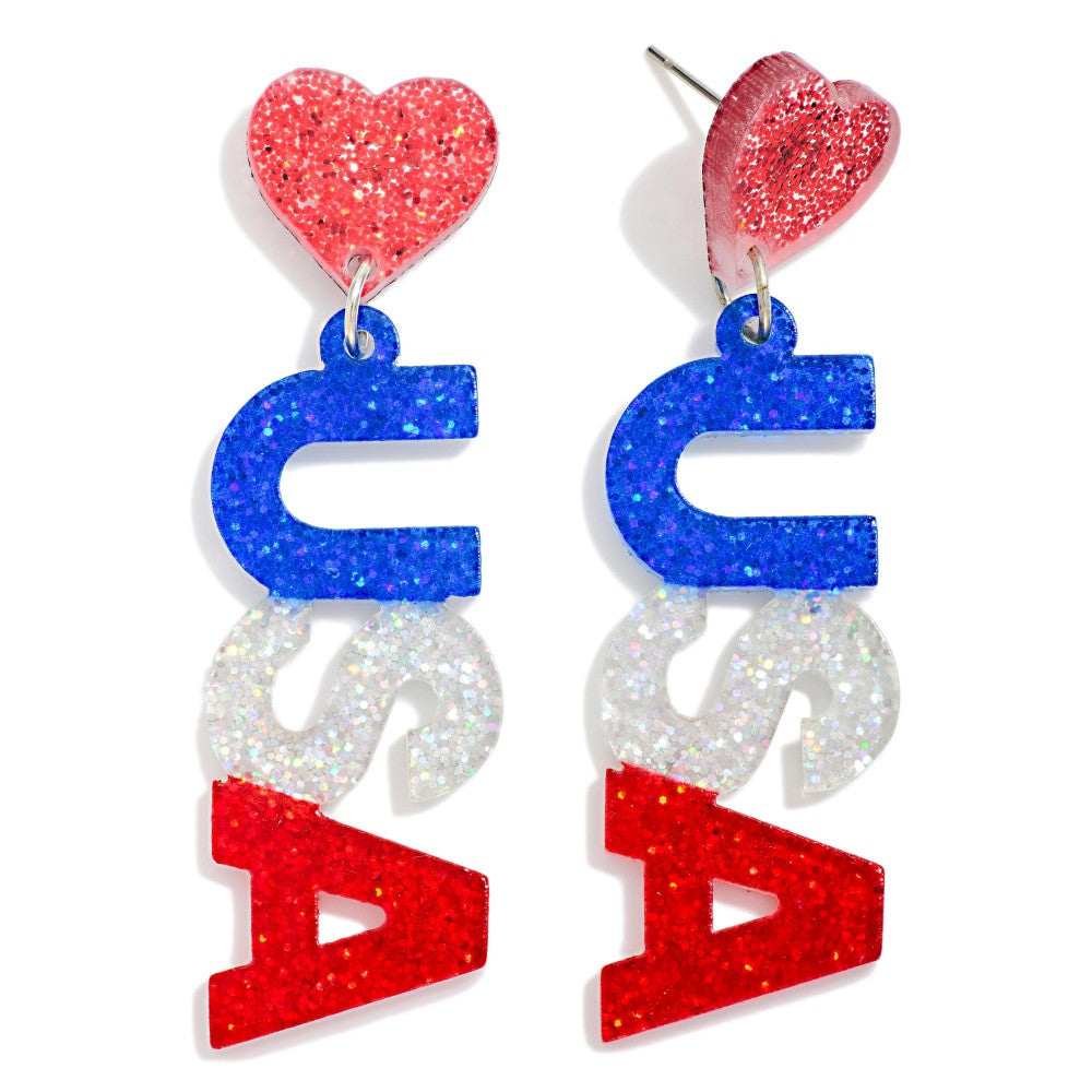 Glitter Acetate "USA" & Heart Post Drop Earrings
