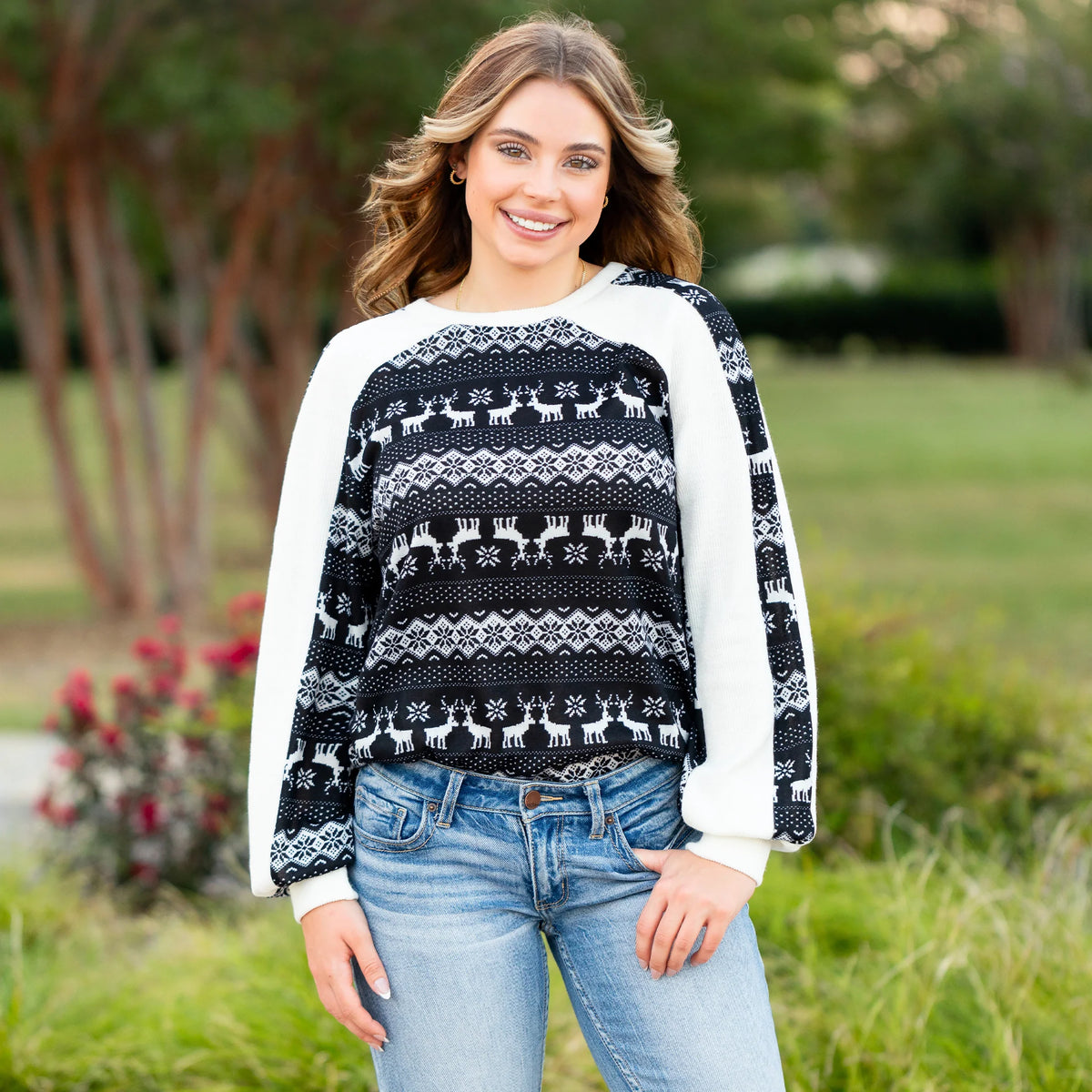 Sunshine & Rodeo Reindeer and Snowflake Christmas Sweater