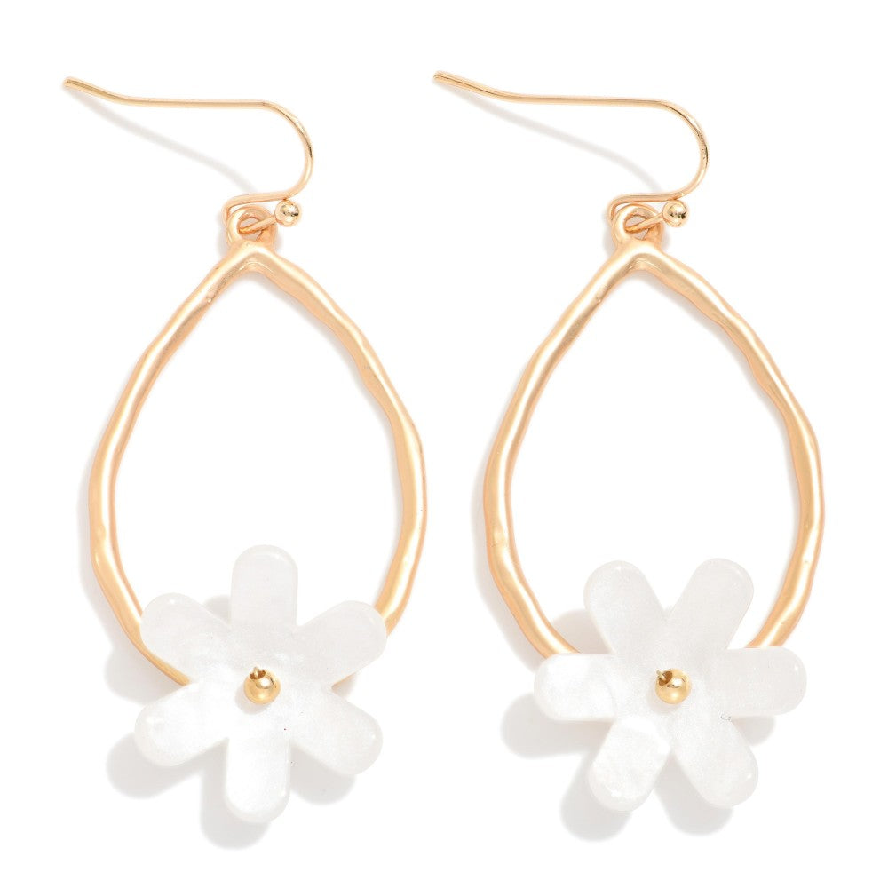 Hammered Teardrop Drop Earrings Featuring Acetate Flower