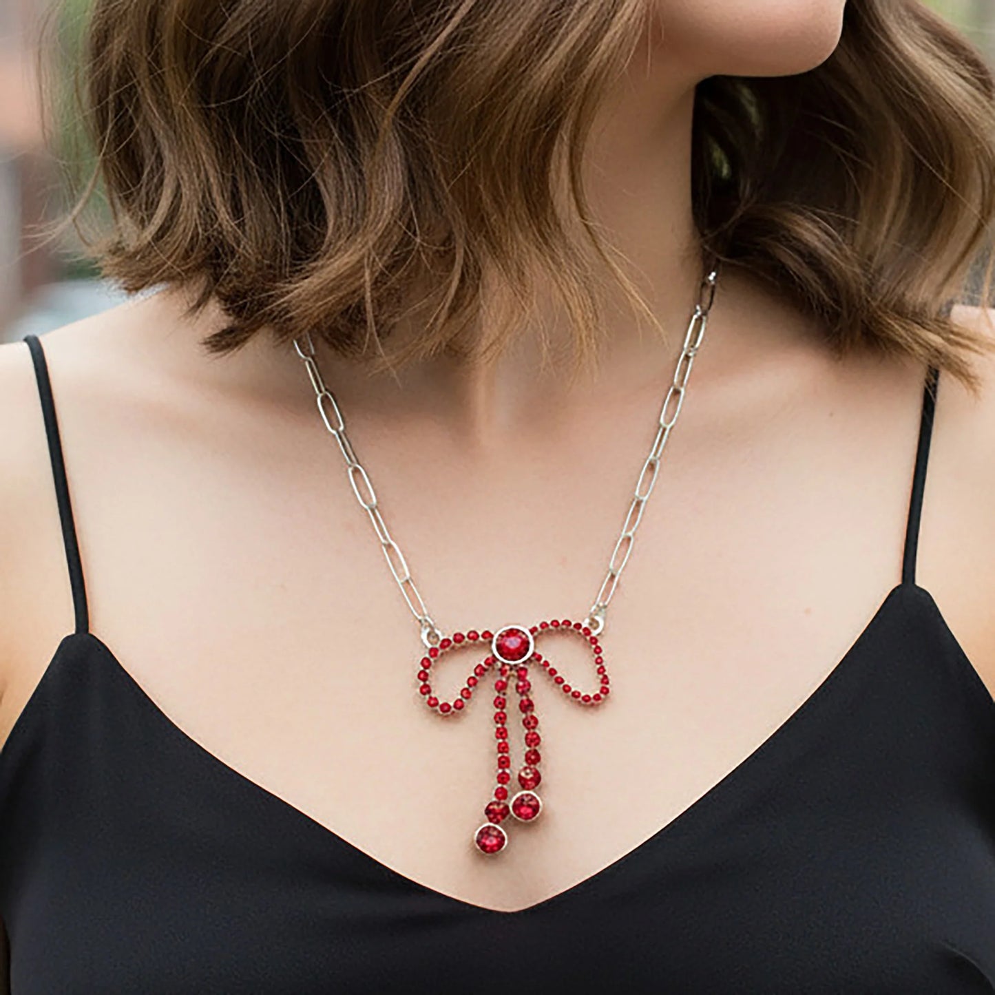 92430 - Crystal Bow Necklace - Red