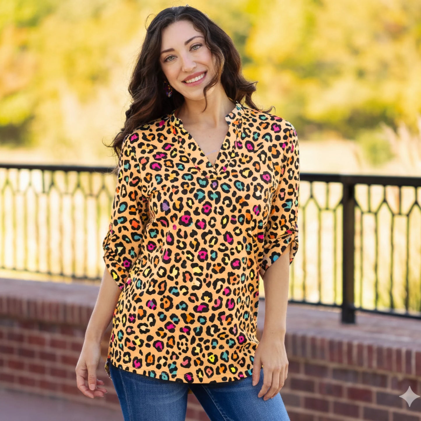 Multi Leopard Print 3/4 Sleeve V-Neck Top