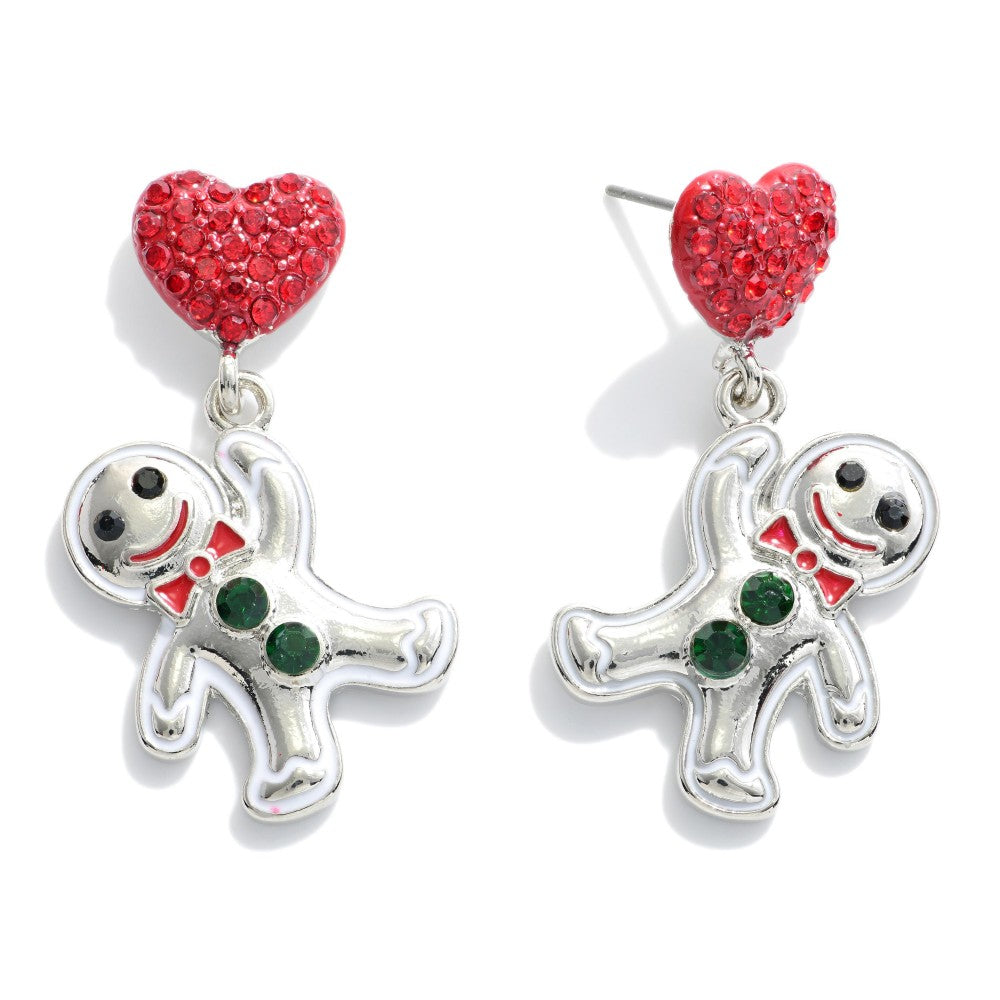 Metal Gingerbread Drop Earrings Featuring Rhinestone Heart Accents.