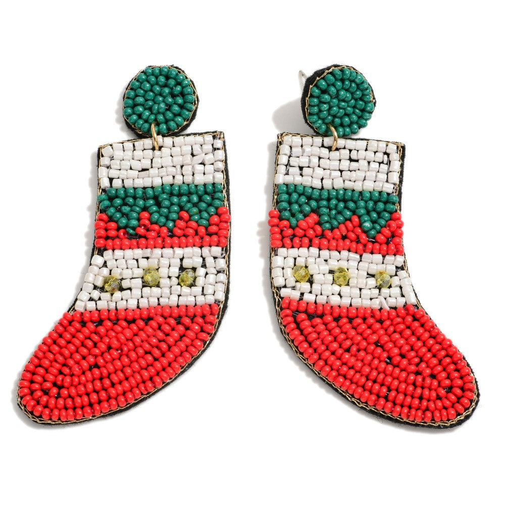 Seed Bead Christmas Stocking Drop Earrings.
