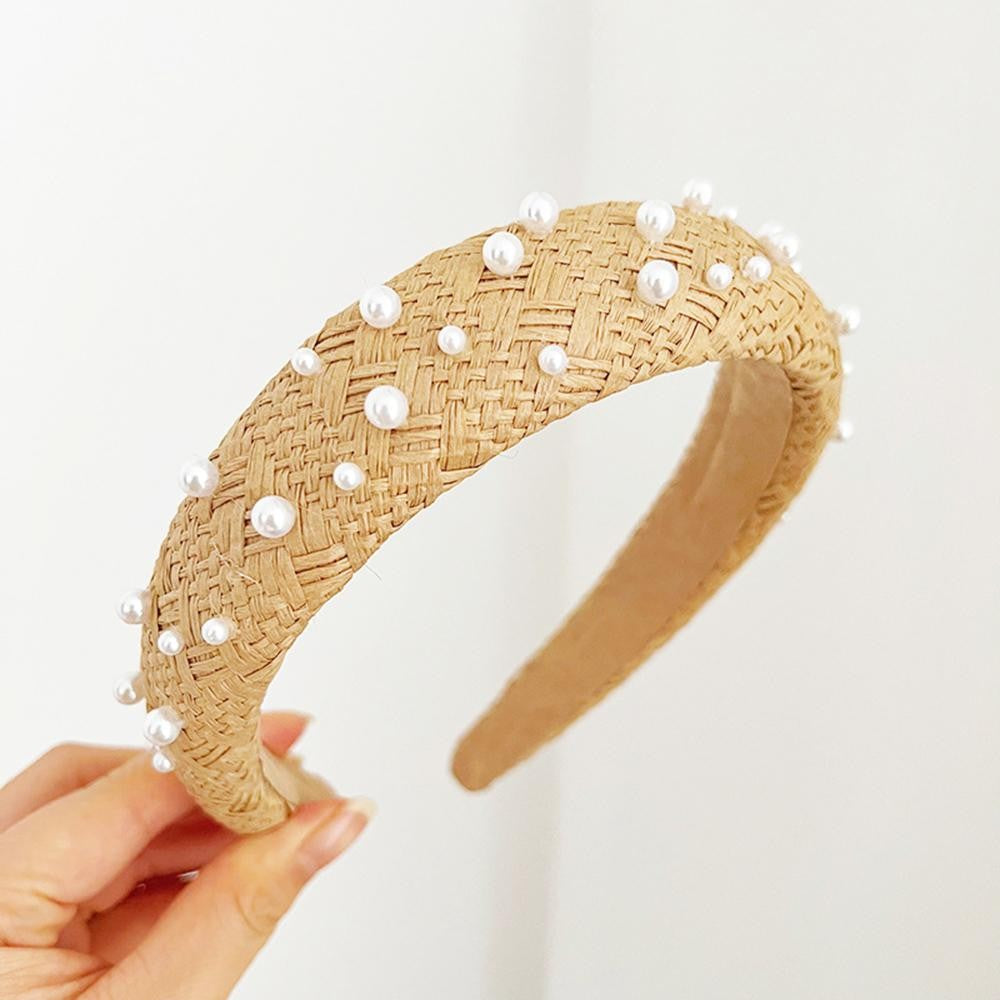 Woven Raffia & Pearl Headband - Brown
