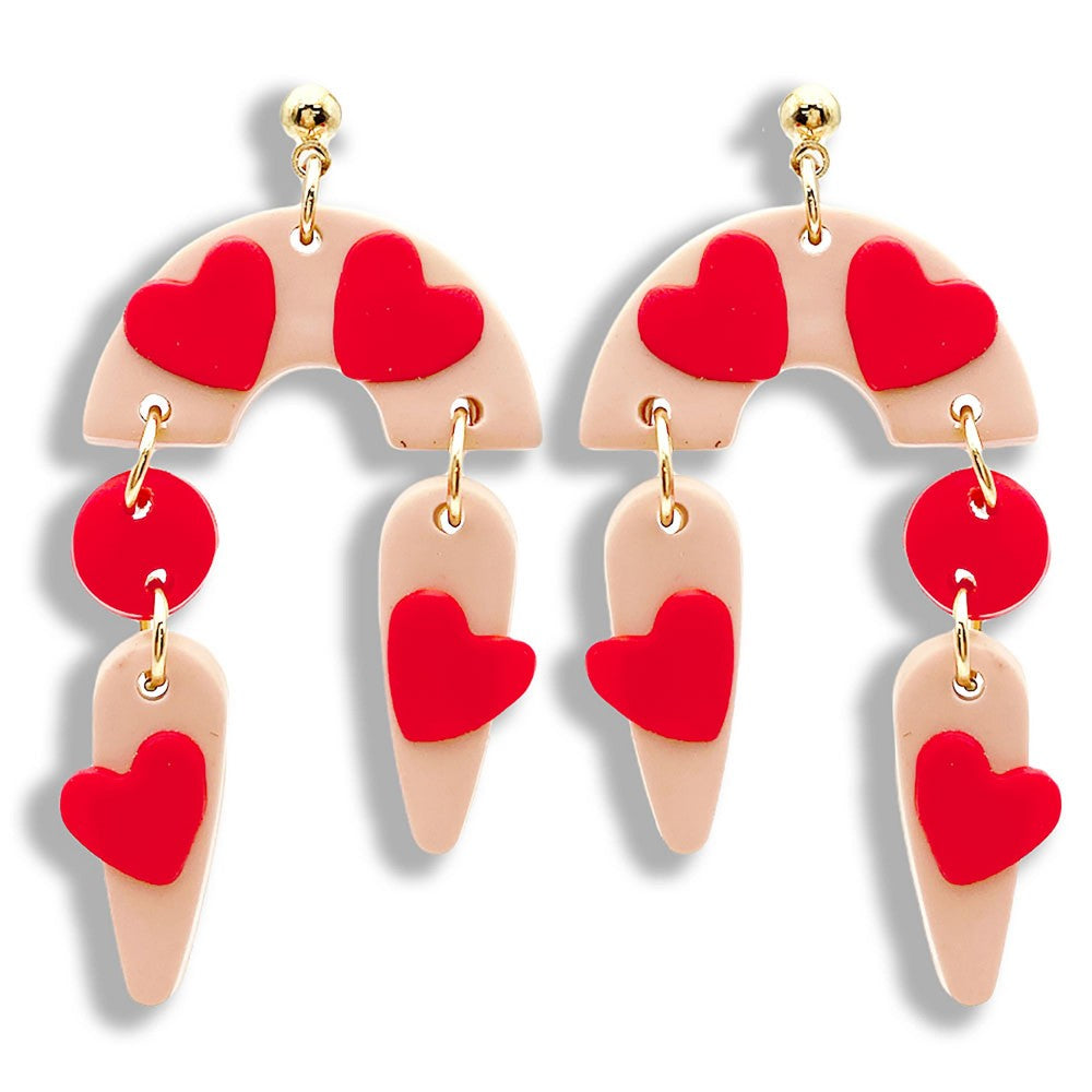 Polymer Clay Arch Heart Print Drop Earrings Featuring Tassel Accents