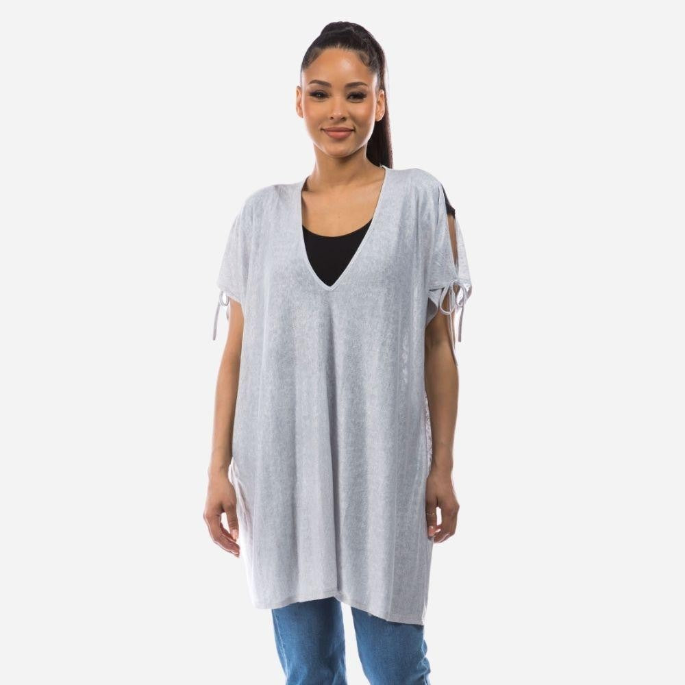 Cold Shoulder V-Neck Knit Top Featuring Ties at the Bottom of the Sleeves Grey