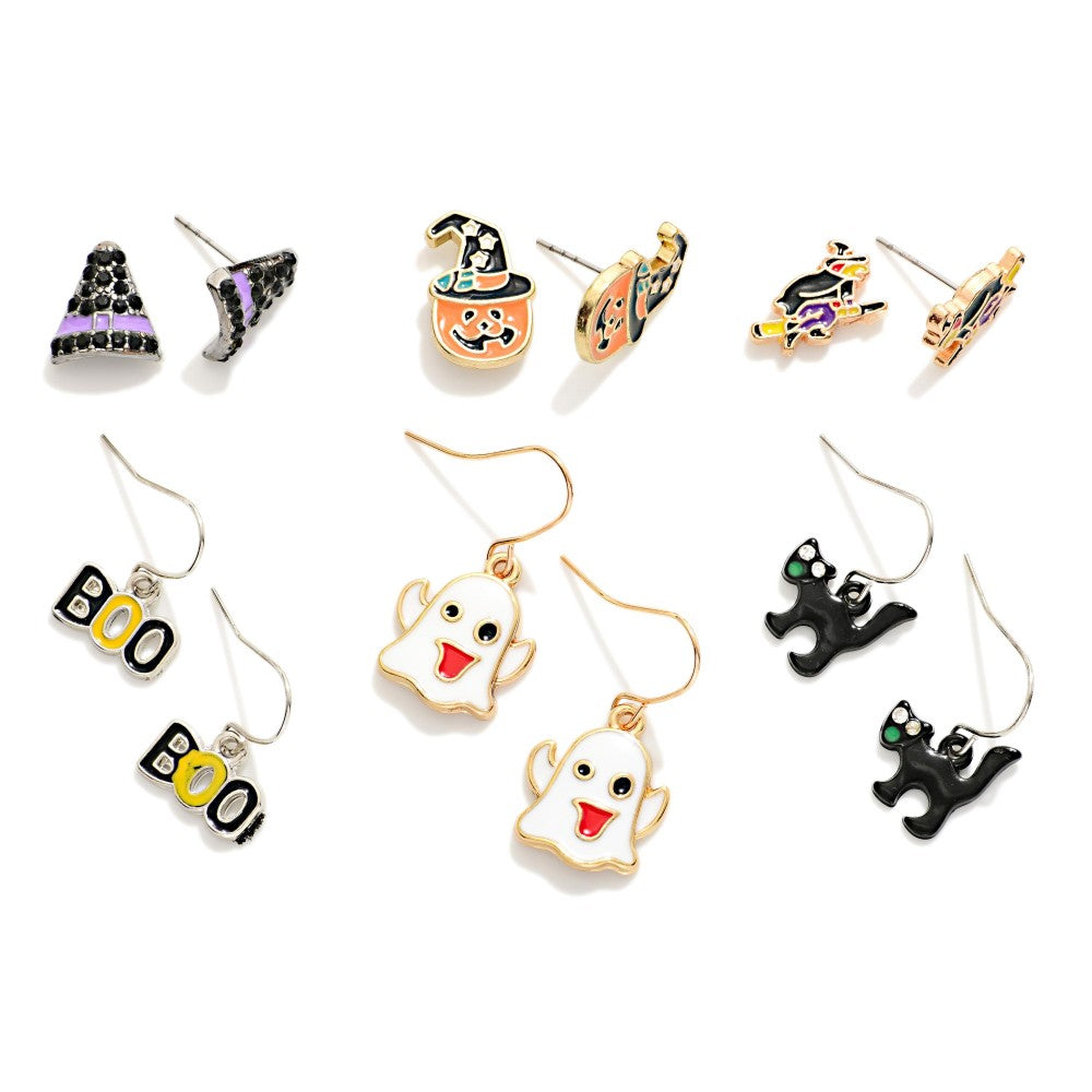 Set Of 6 Halloween Ball Stud & Drop Earrings - Ghost