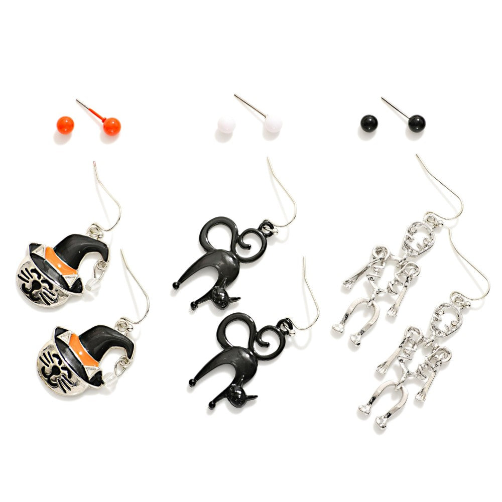 Set Of 6 Halloween Ball Stud & Drop Earrings - Cats