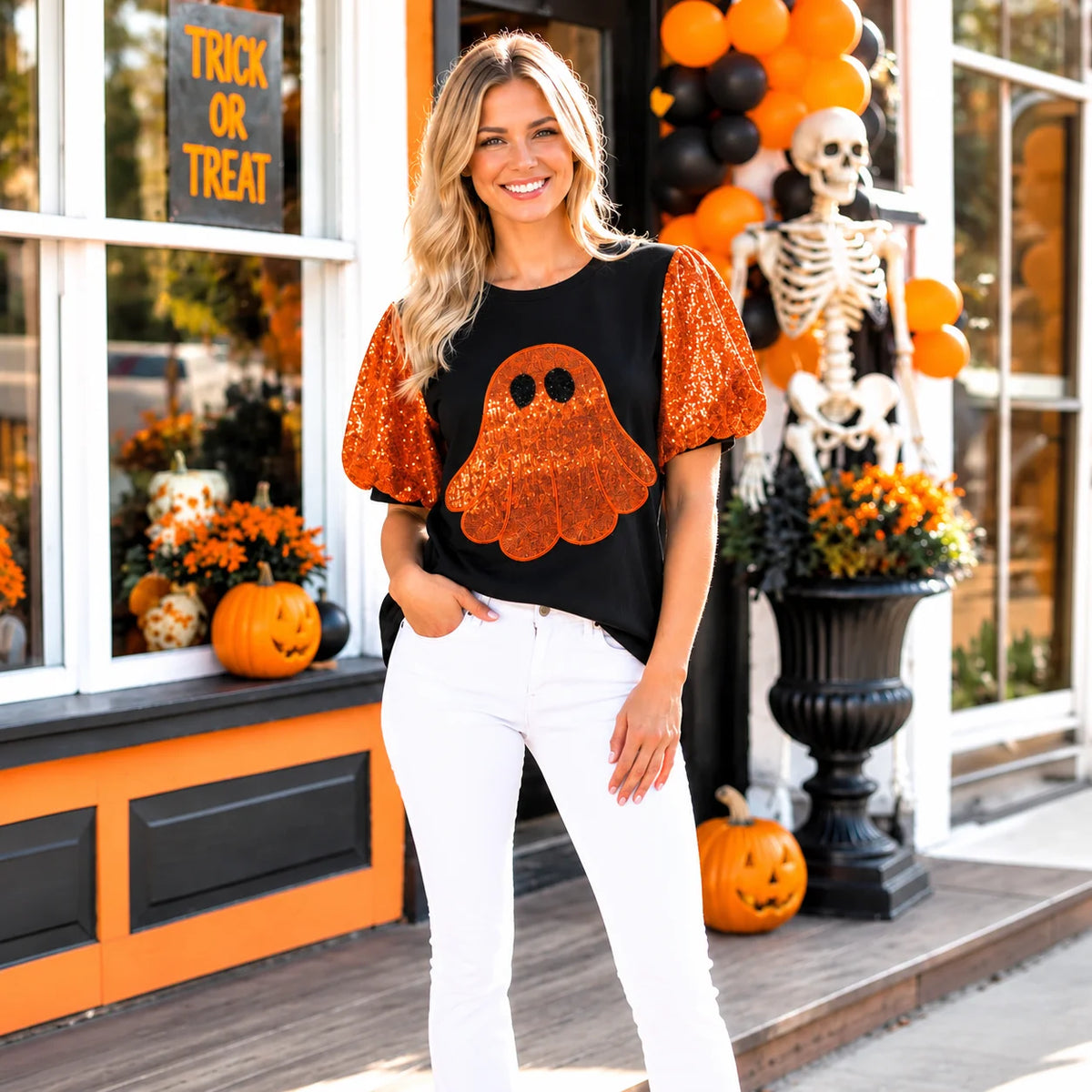 Sunshine & Rodeo Halloween Sequin Ghost Puff Sleeve Top