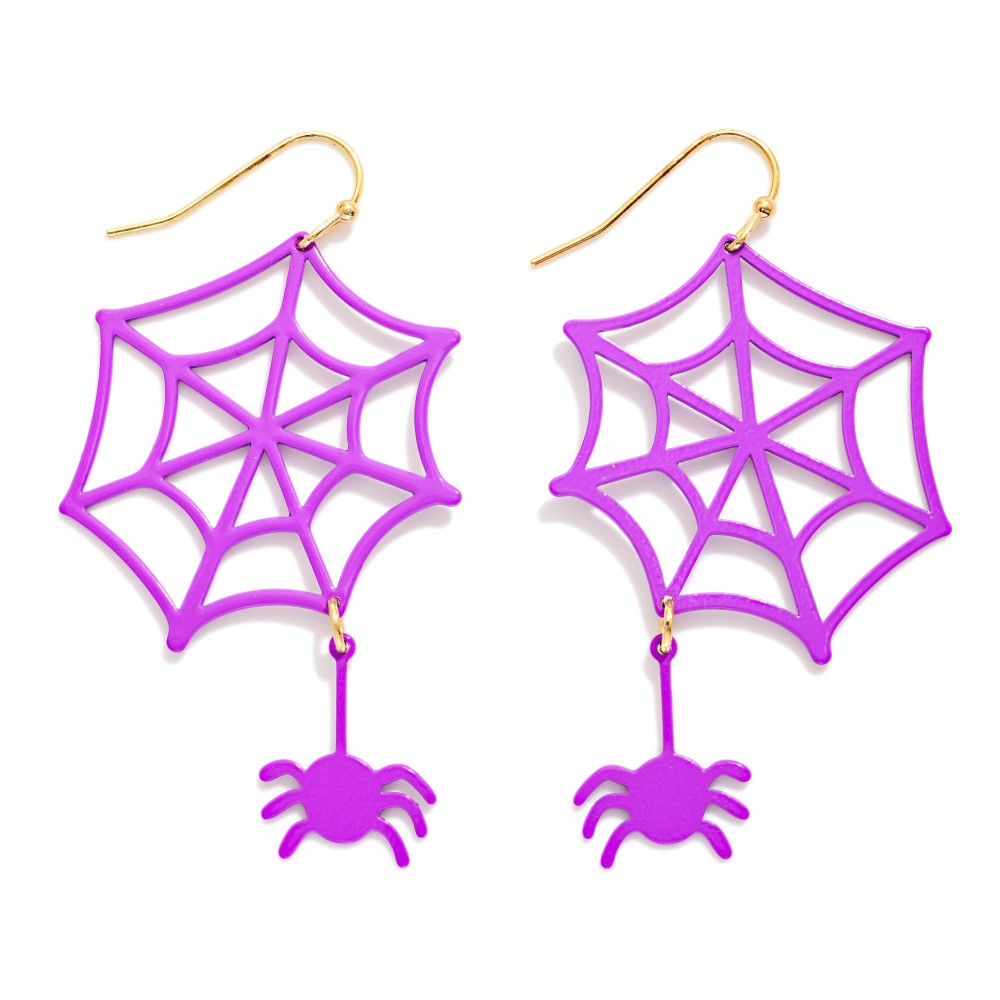 Purple Web & Spider Drop Earrings