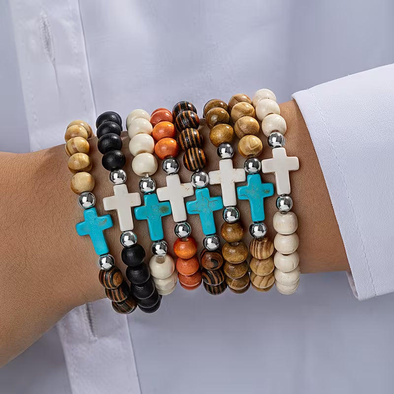 Mystery Color Wooden Bead Cross Bracelet