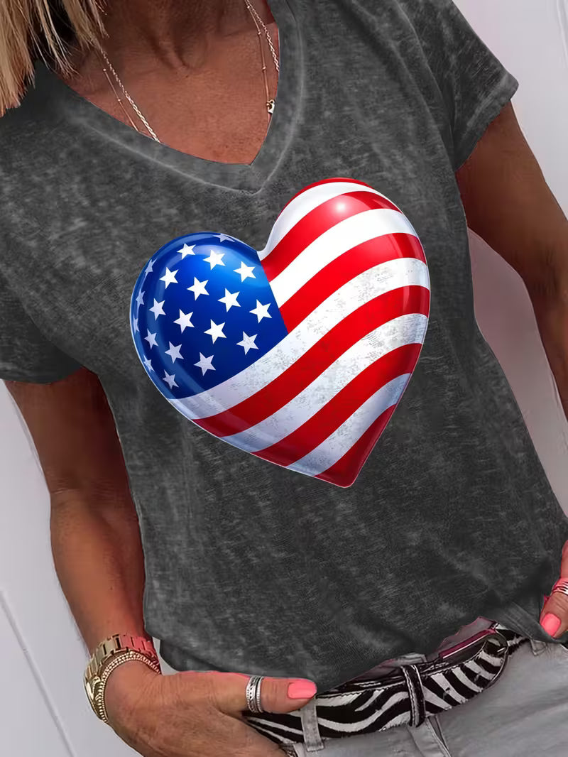 Women's Flag Heart V-neck Vinyl Graphic T-Shirt