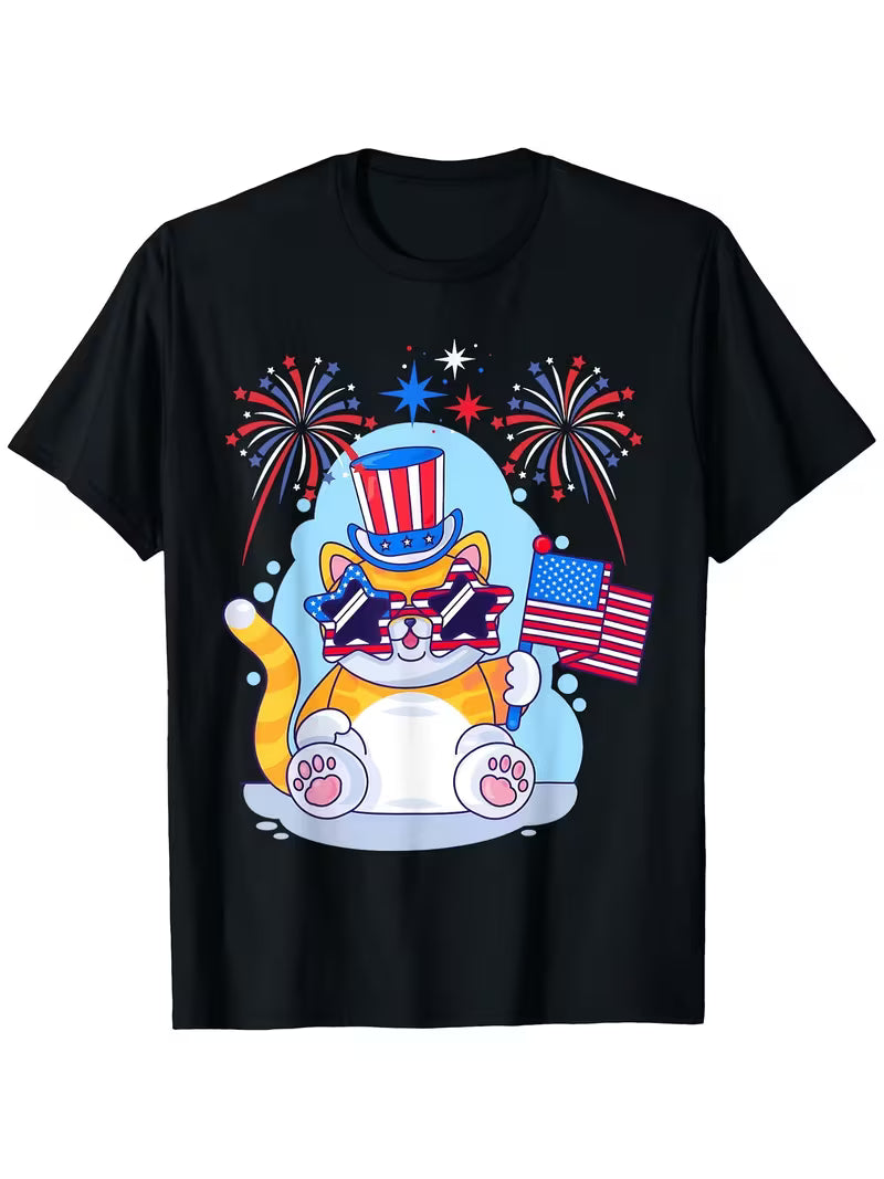 Unisex Happy 4th Cat Vinyl Graphic T-Shirt