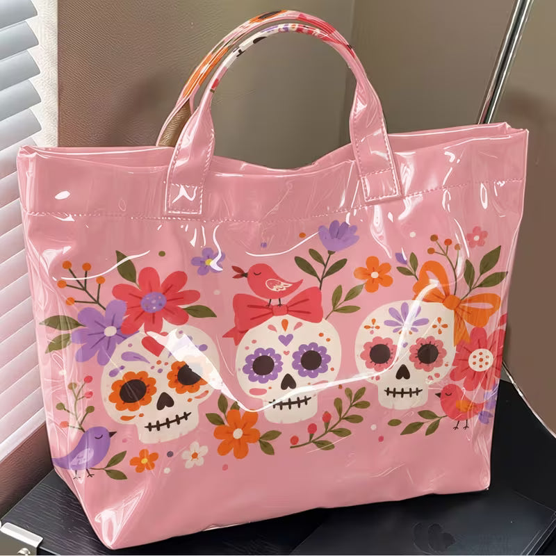 Glossy PVC Pink Skulls Tote Bag