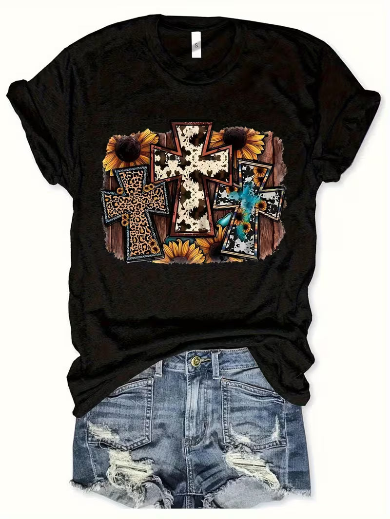 Unisex Sunflowers & Crosses Vinyl Graphic T-Shirt