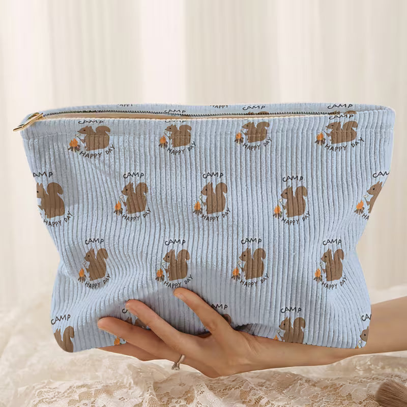 Camping Squirrel Corduroy Zipper Pouch