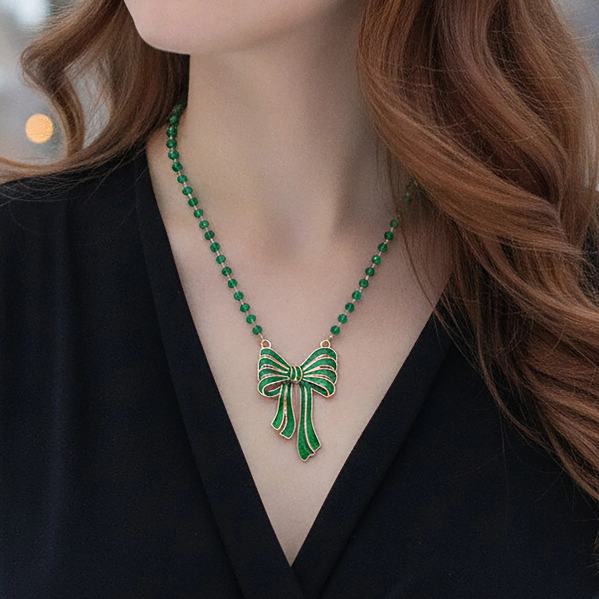Christmas Bow Necklace Green