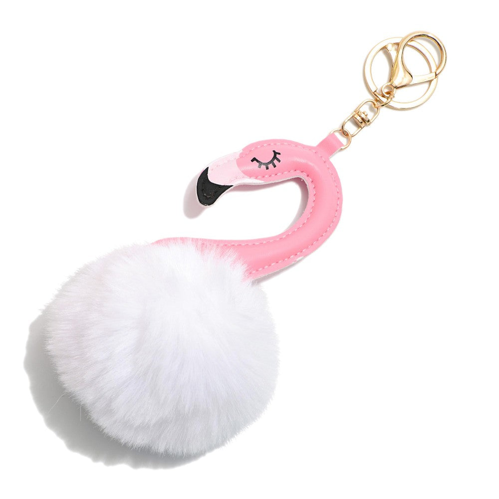 Puffy Flamingo & Faux Fur Pom Key Ring