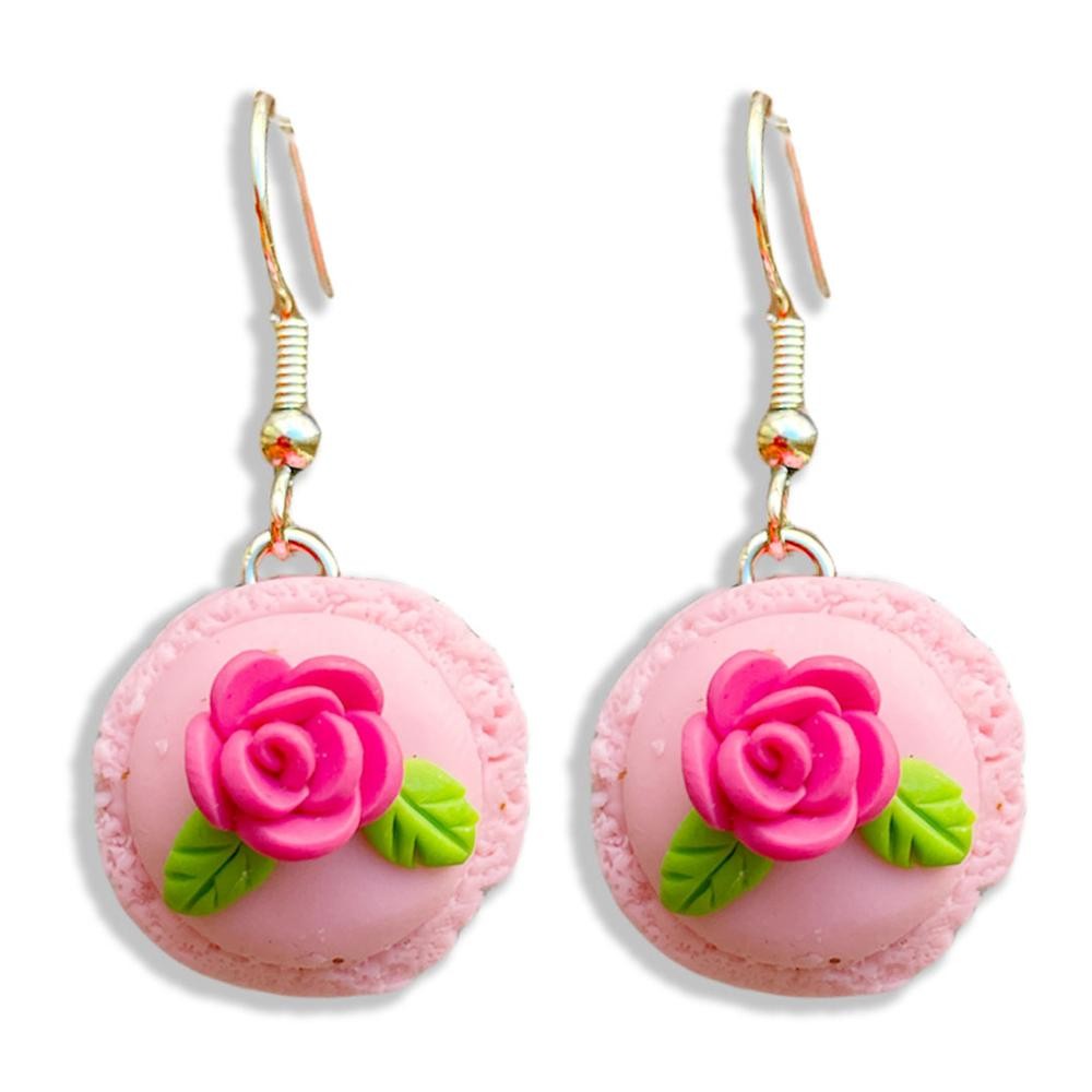 Polymer Clay Macaron Cookie Drop Earrings Featuring Rose Accents