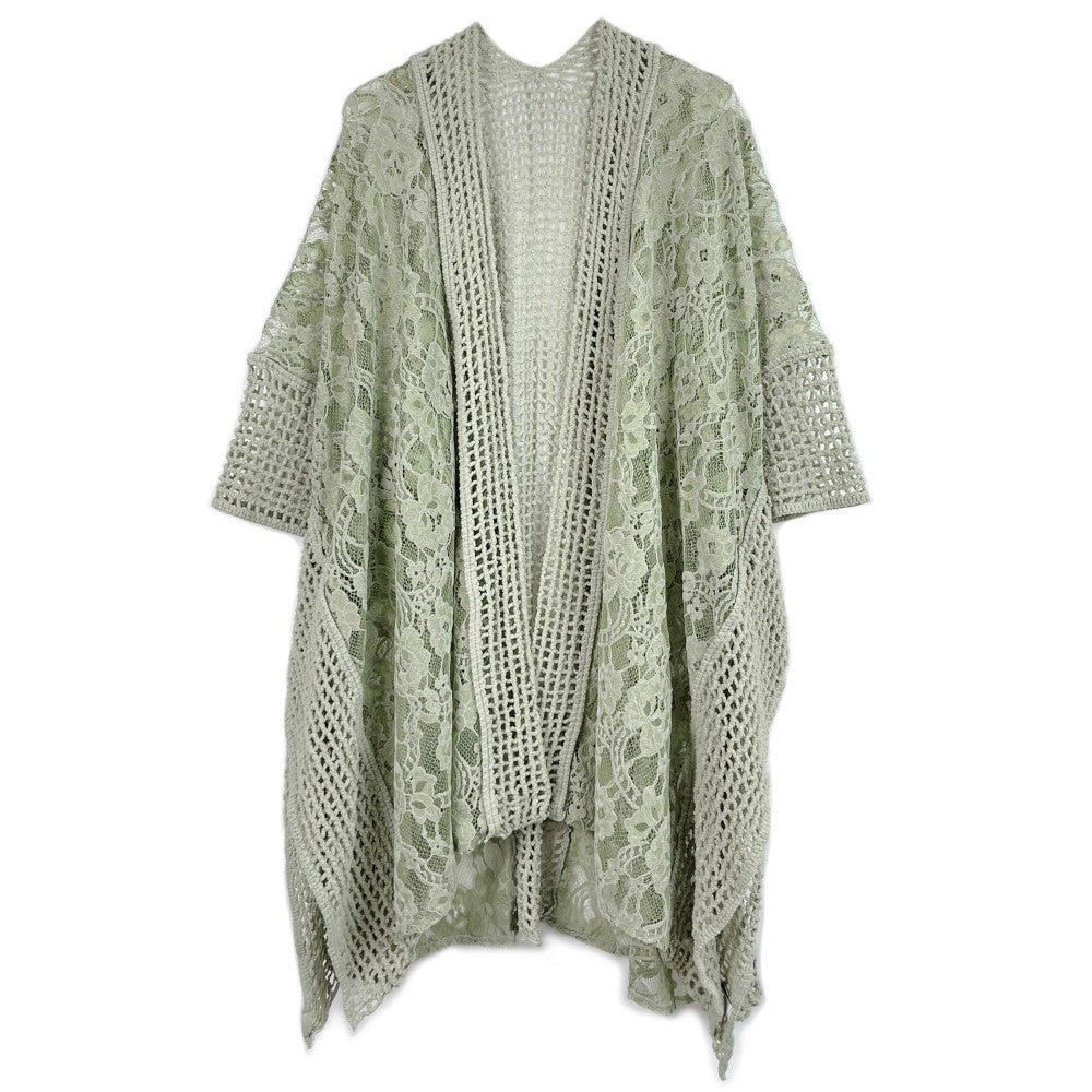 Floral Lace Knit Kimono - Green