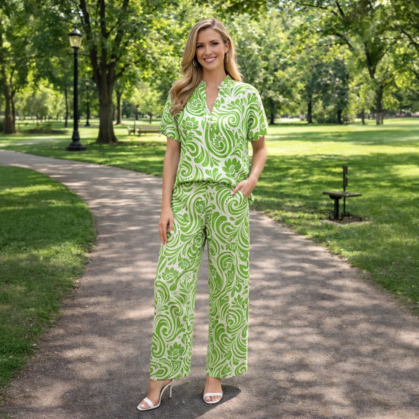 Paisley Print Wide Leg Pants and Top Set with Pockets