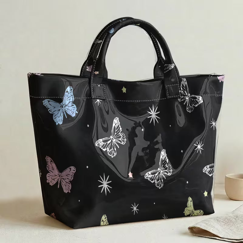 Glossy PVC Black Butterfly Tote Bag