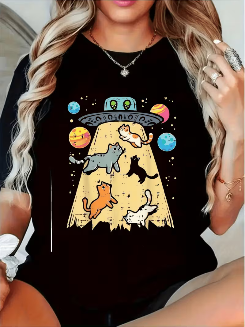 Women's Plus Cat Abduction Vinyl Graffic T-Shirt