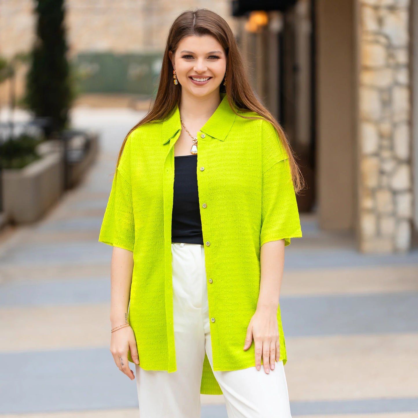Doorbuster Button-up Half Sleeve Top - Lime