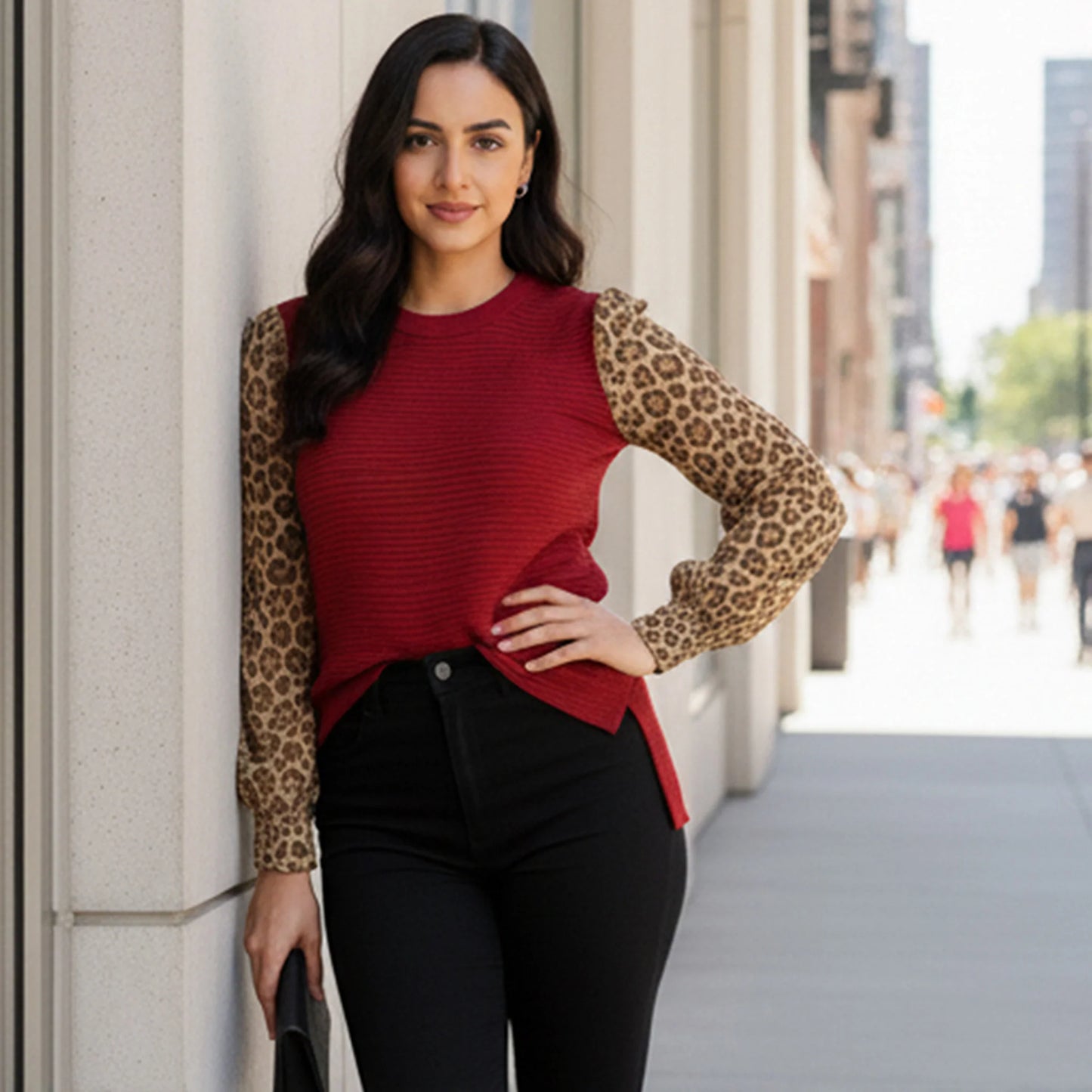 Burgundy Textured Top with Leopard Print Sleeves