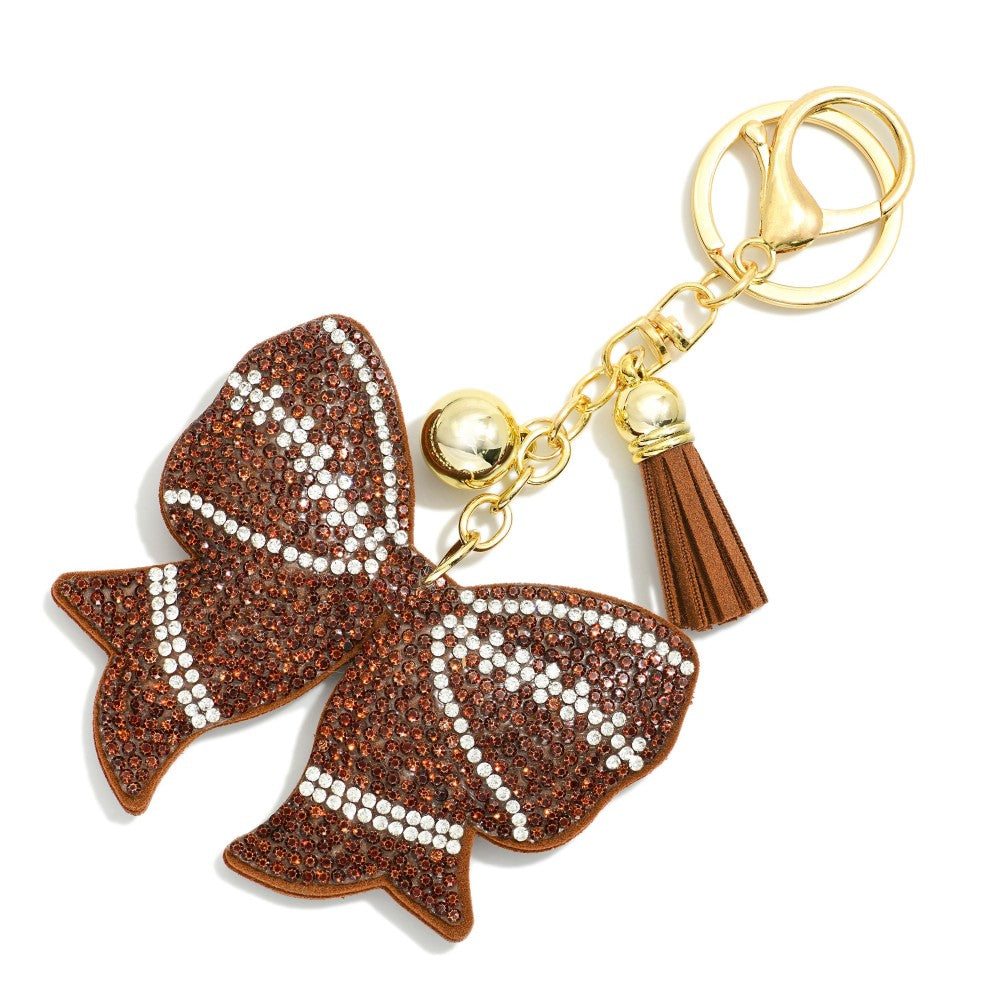 Rhinestone Studded Puffer Sports Ball Bow Keyring With Tassel