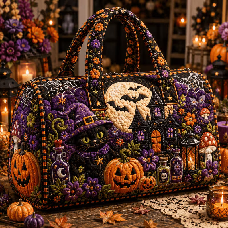 Black Witch Cat Halloween Quilted Duffle