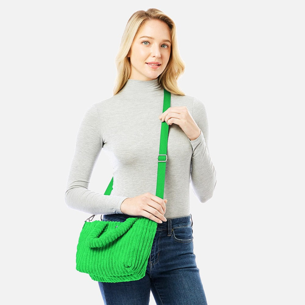 Thick Fuzzy Cord Hand Bag With Matching Removable Adjustable Cross Body Strap - green