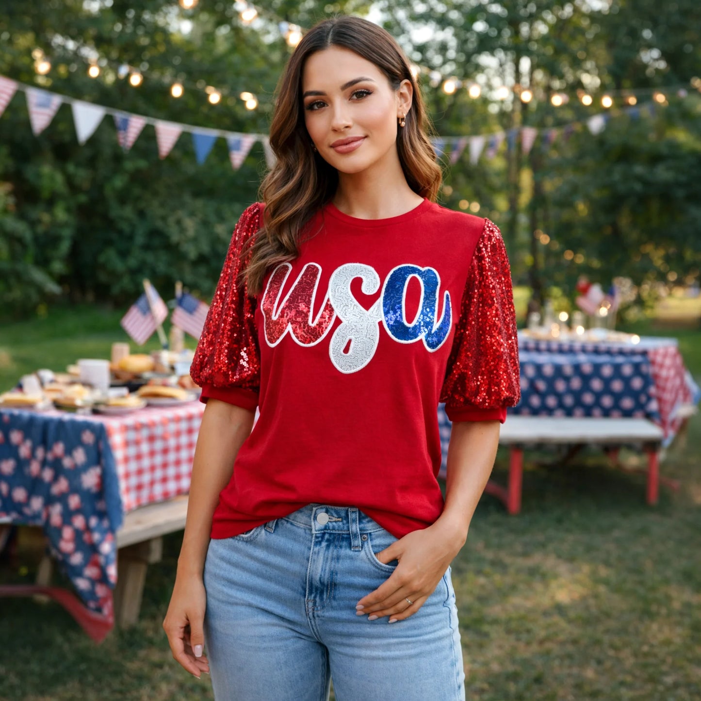 USA Sequin Top with Sequin Puffed Sleeves