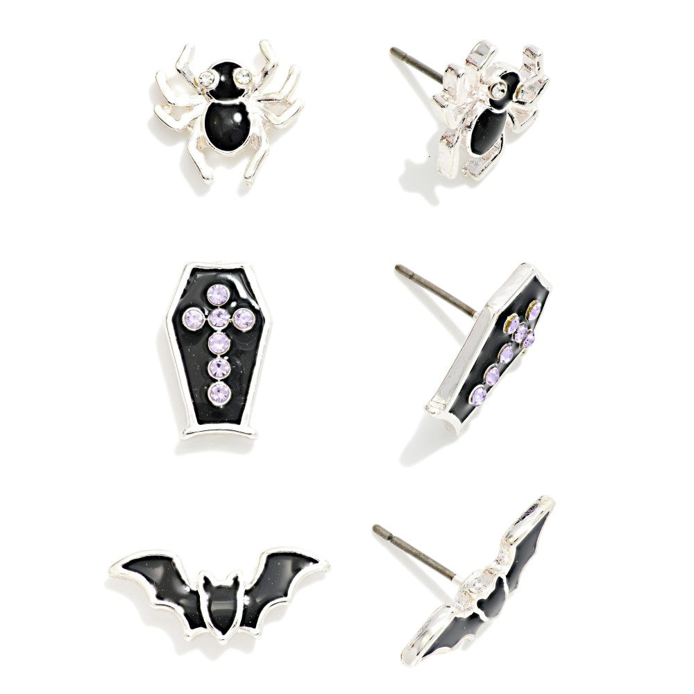 Set Of Three Enamel Halloween Stud Earrings - Bat -Coffin -Spider