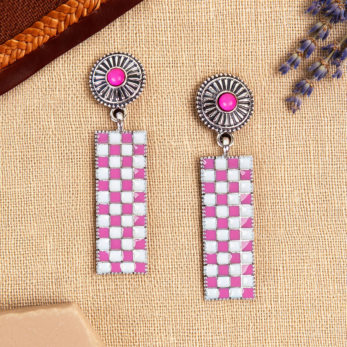93672 - Checkered Earrings - Fuchsia