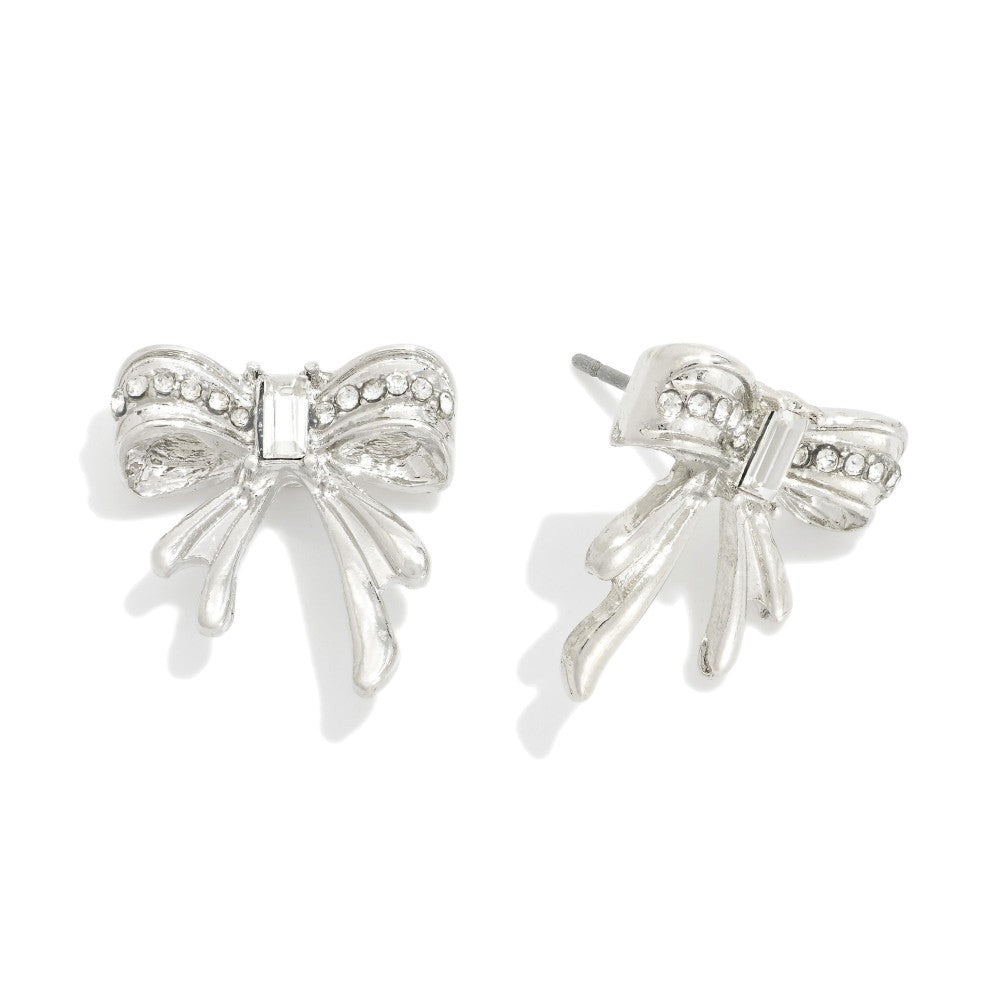 Metal Tone Bow Stud Earrings Featuring Rhinestone Details