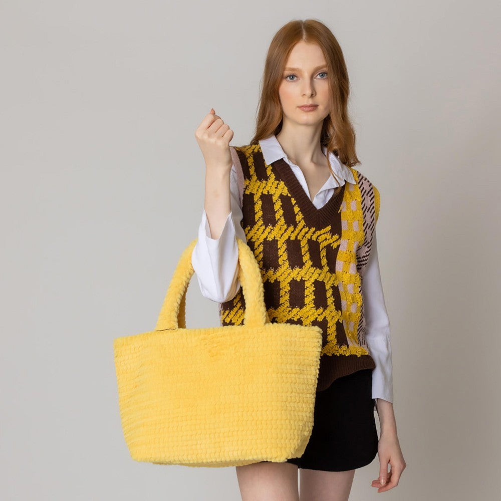 Do Everything In Love Textured Chevron Faux Fur Tote Bag - yellow