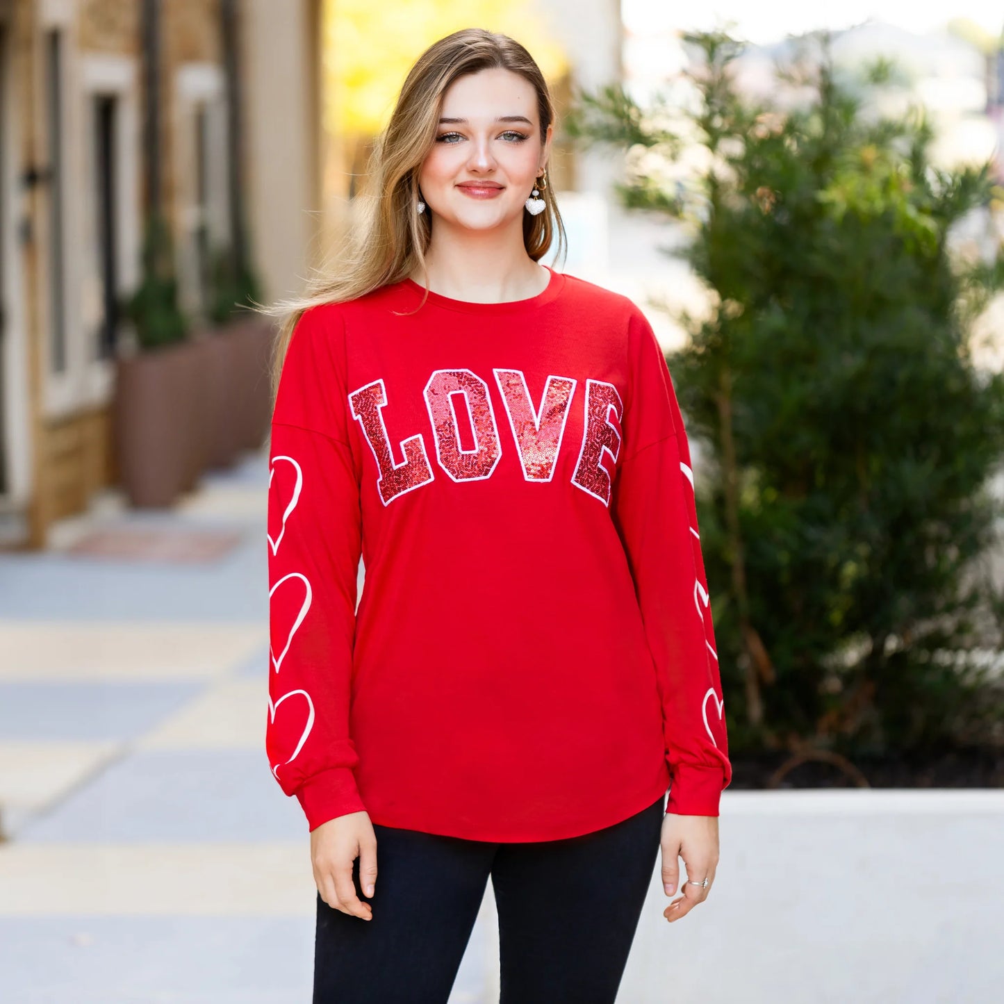 LOVE Sequin Top with Printed Heart Sleeves