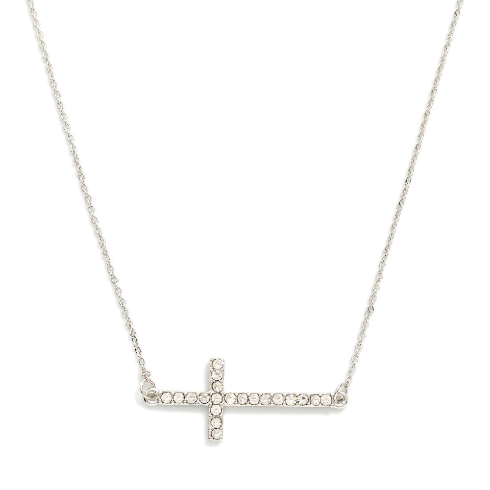 Chain Link Necklace Featuring Rhinestone Studded East West Cross Pendant