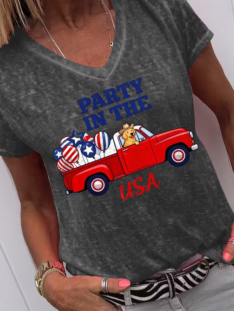 Women's Party In The USA V-neck Vinyl Graphic T-Shirt