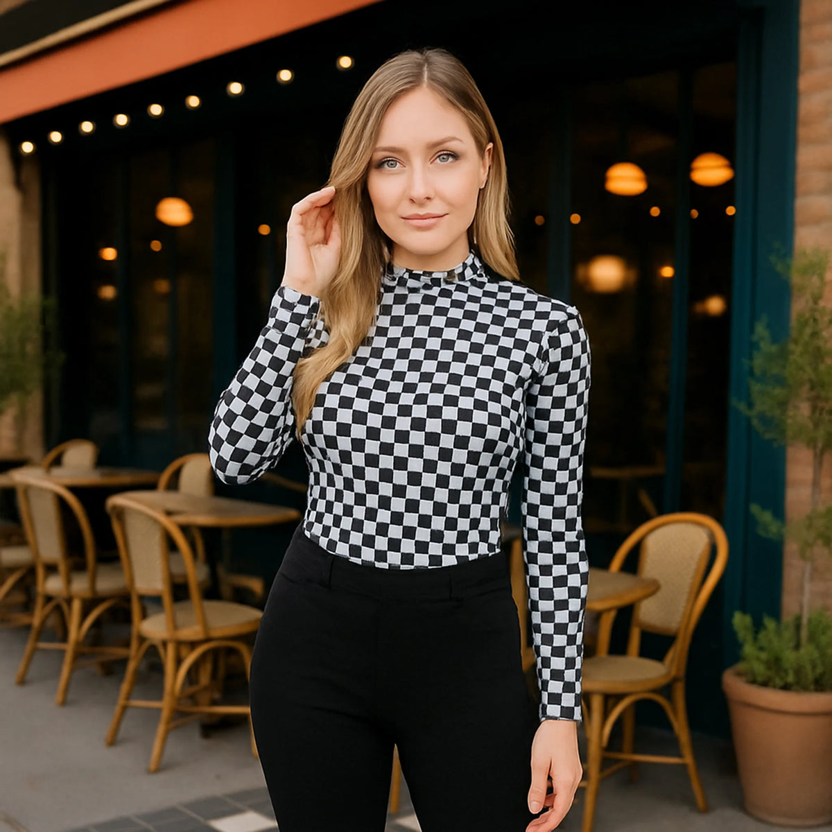 Sunshine & Rodeo Mesh Long Sleeve Checkered Top
